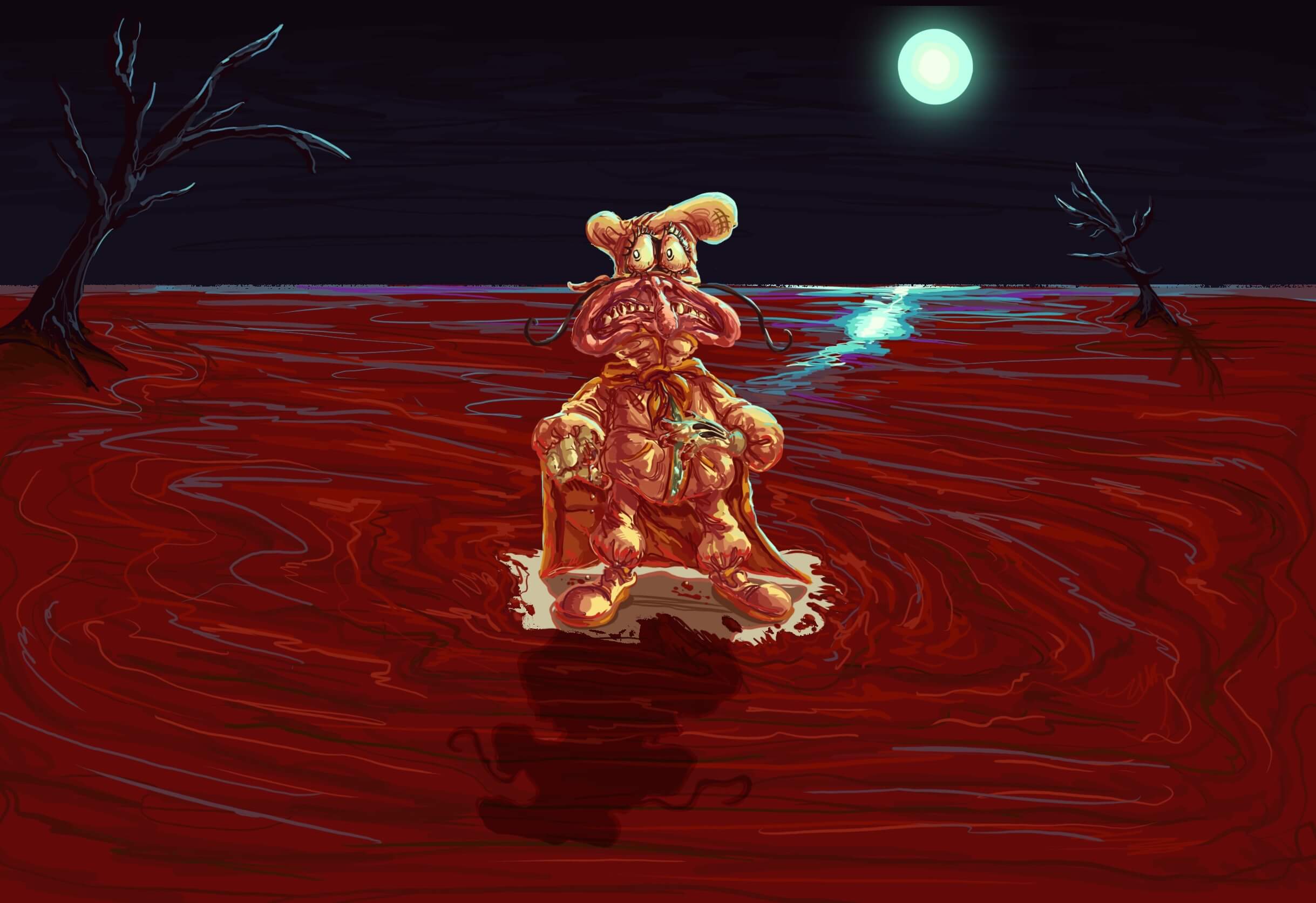 A painting called 'Exported Comeuppance'. It consists of the Noise in a vast plane covered in blood. There are no other features for the area spare some trees in the distance. The backdrop is a nighttime scene with a blue full moon. The Noise is in the center, looking fearfully around as he stands on the only part of the scene not covered in blood. However, his fingertips are slightly tainted with blood. There is no signature on the painting.